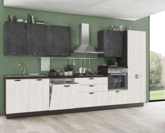 Complete keuken 360 cm Mira Lola rechts wit eik en leisteen cement hoogte 216 cm  euro Ar 52 met Candy vaatwasser