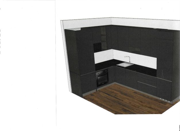 Moderne keuken met zwarte kasten, witte accenten en houten vloer.