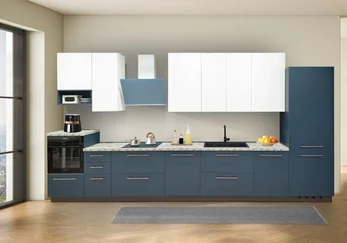 blauwe maatwerk keuken wit bovenkast Ar-Tre