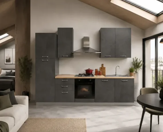 Complete keuken inclusief apparatuur Mira Lalla links 300x60 leisteen cement 2995 euro AR18 tussen 2000 en 3000 euro