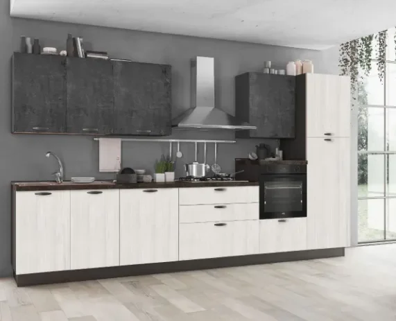 Complete keuken inclusief apparatuur Mira Runen rechts 360x60 wit eik en leisteen cement 2695 euro AR9 tussen 2000 en 3000 euro