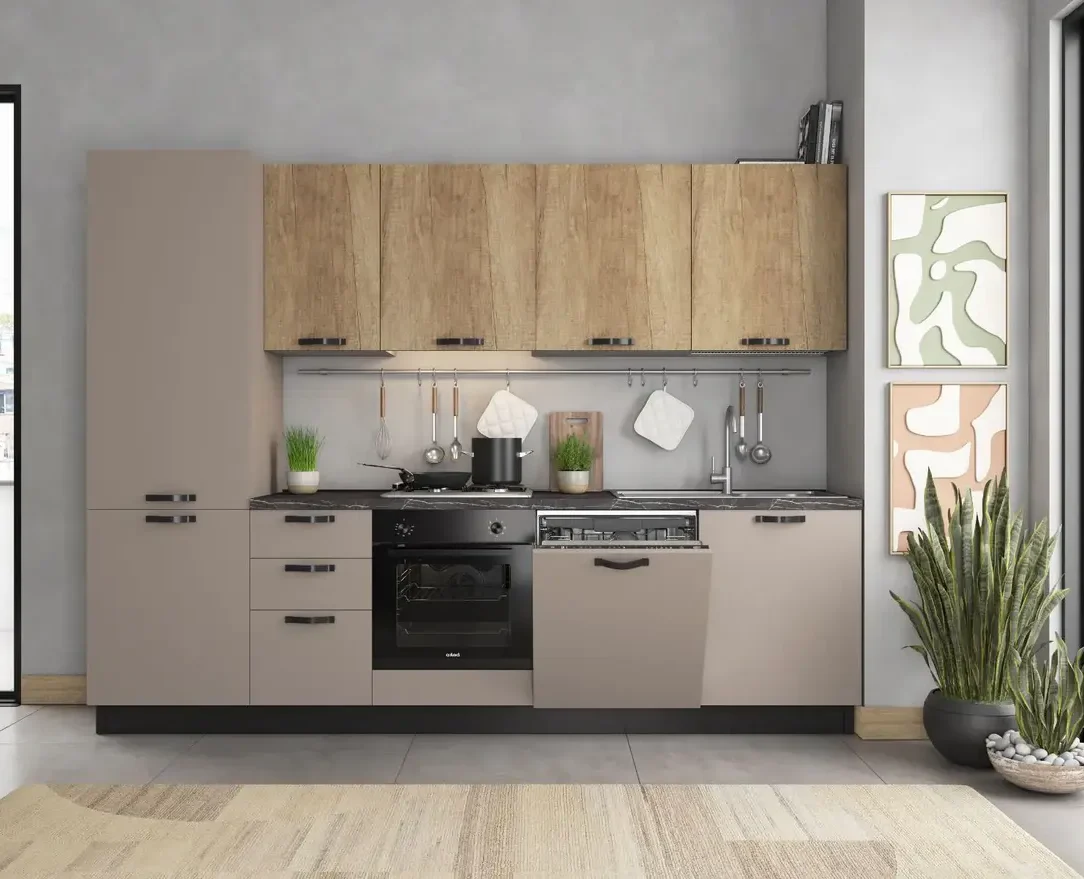 Complete keuken Mira Erika links 285x60 mat taupe en Nebraska eik 3495 euro AR33 Complete keuken Mira Erika links 285x60 mat taupe en Nebraska eik 3495 euro AR33 Complete keuken 285 cm inclusief apparatuur.