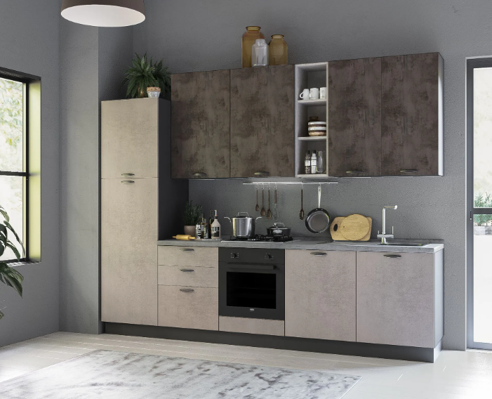 Complete keuken Mira Sara links 300 cm wit leisteen AR 56 - 2595 euro - hoogte 240 Complete keuken 300 cm Mira Sara links 300x60 wit en leisteen cement hoogte 240 cm 2595 euro AR 56 met hoge koelkast links