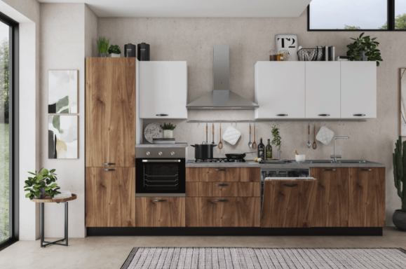 Complete keuken 360 cm Mira Iris 360x60 cognac en mat wit hoogte 216 cm 4395 euro AR 1656 compleet met Beko hete lucht oven en vaatwasser