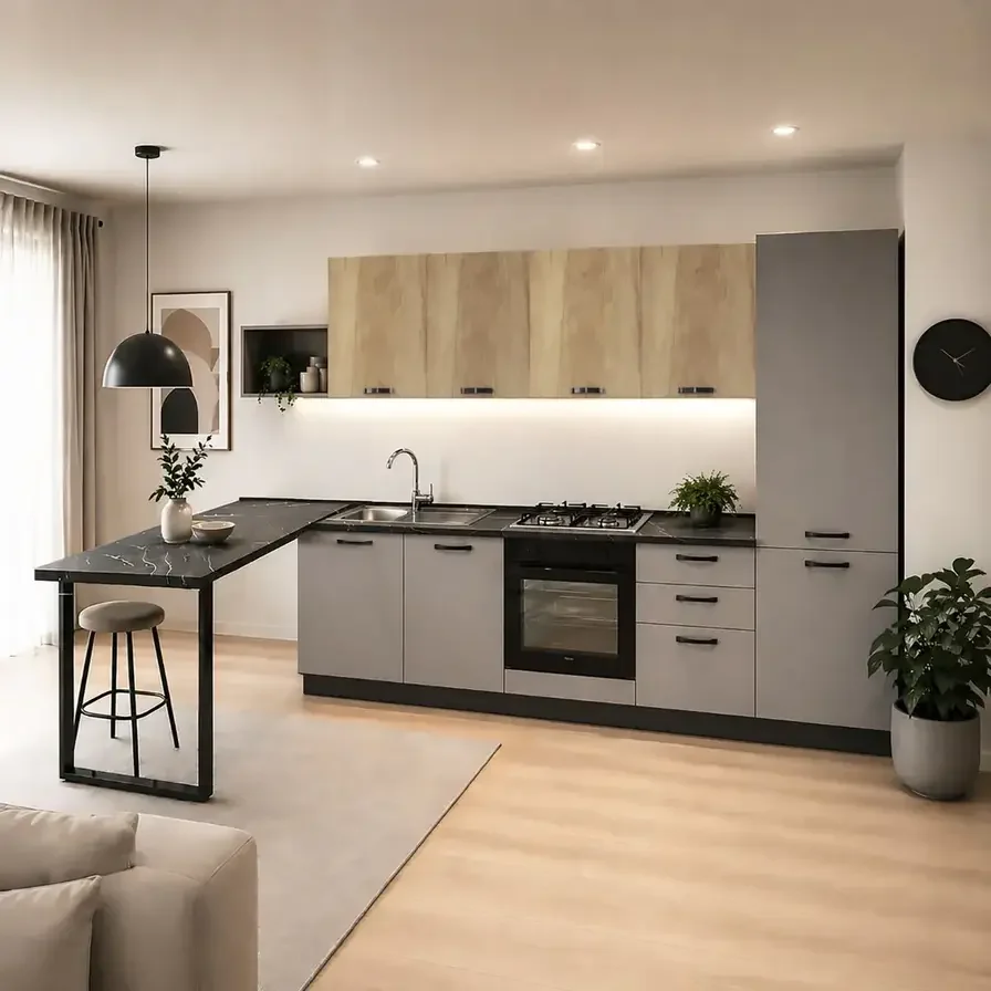 Complete keuken met bar Mira 12 285x60 mat taupe en Nebraska eik 3895 euro MIRA12 Complete keuken met bar Mira12 285x60 mat taupe en Nebraska eik 3895 euro MIRA12 complete keuken 285 cm inclusief apparatuur