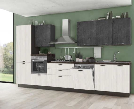 Complete keuken 360 cm Mira Lola links wit eik en leisteen cement hoogte 216 cm  euro Ar 53 met Candy vaatwasser