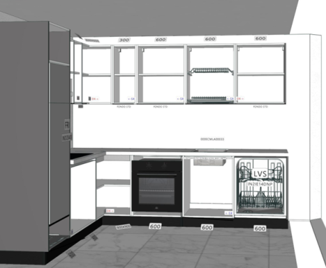 Moderne keukenindeling met witte kasten, oven en vaatwasser.