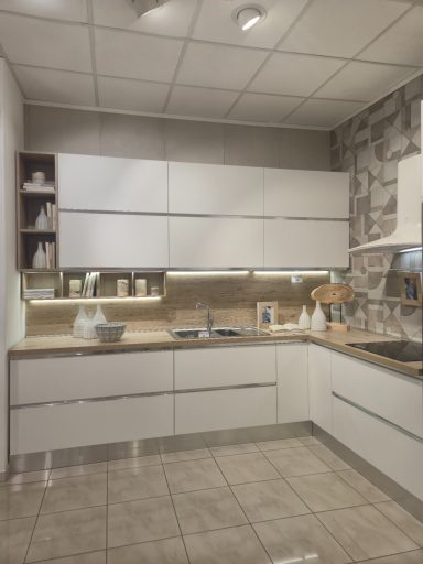 Moderne keuken met witte kasten en een stenen accentmuur.