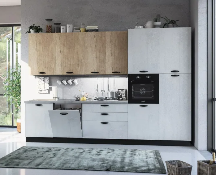 Complete keuken inclusief apparatuur Mira Vizier rechts 330x60 wit en Nebraska eik 2995 euro AR 82 tussen 2000 en 3000 euro