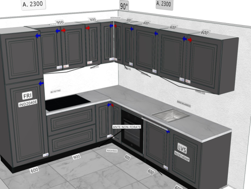 Moderne keukenopstelling met zwarte kasten en inbouwapparatuur.