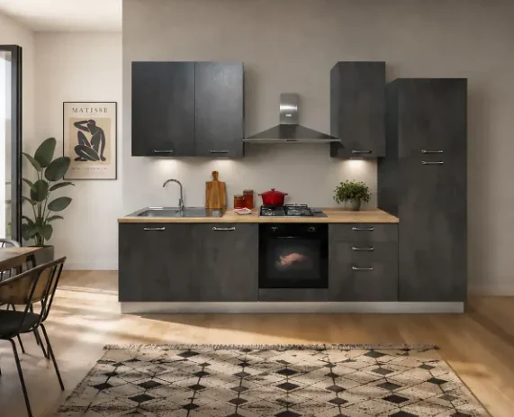 Complete keuken inclusief apparatuur Mira Lalla rechts 300x60 leisteen cement 2995 euro AR17 tussen 2000 en 3000 euro
