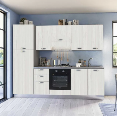 complete keuken 255 cm Mira Tea links 255x60 wit eik hoogte 216 cm met koelkast 1895 euro AR 964