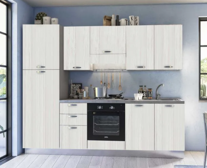 complete keuken 255 cm Mira Tea links 255x60 wit eik hoogte 216 cm met koelkast 1895 euro AR 964