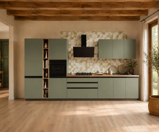 Moderne matgroene keuken Moderne, minimalistische keuken met matgroene onderkasten en hoge kast, een houten plafond met zichtbare balken, een lichte houten vloer