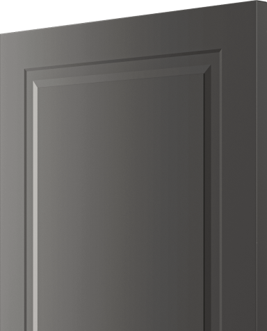 Zwarte deur met een eenvoudig, rechtlijnig ontwerp en een vlak paneel.