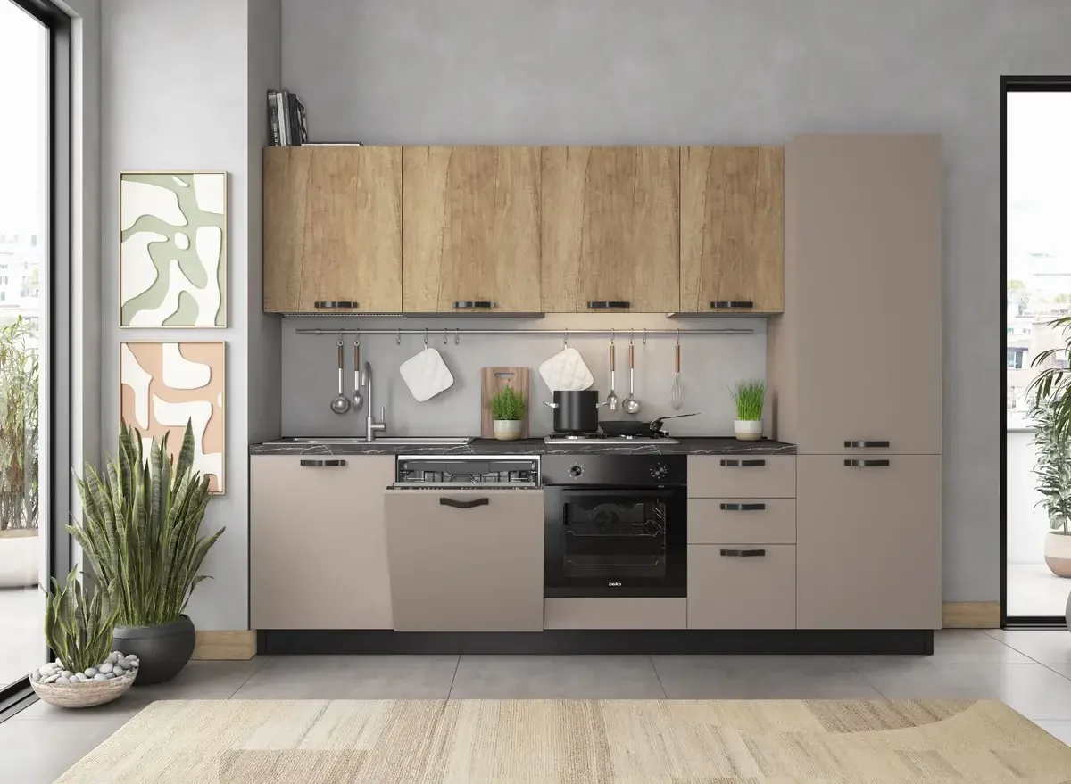 Complete keuken Mira Erika rechts 285x60 mat taupe en Nebraska eik 3495 euro AR32 Complete keuken inclusief apparatuur Mira Erika rechts 285x60 mat taupe en Nebraska eik 3495 euro AR32 tussen 3000 en 4000 euro