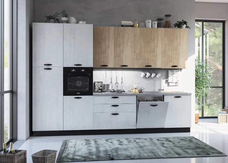 complete keuken 330 cm Mira Vizier links 330x60 wit en Nebraska eik hoogte 240 cm 2995 euro inclusief Beko apparatuur AR 83