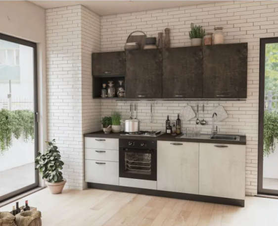 Mira keuken – Moderne rechte keuken met houtlook Moderne Mira-keuken met houtlook fronten, donkere bovenkasten, licht werkblad en praktische rechte opstelling in een eigentijds interieur.