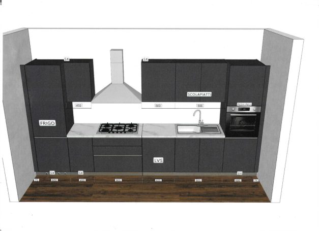 Moderne keuken met zwarte kasten, een gasfornuis en een oven, op een houten vloer.