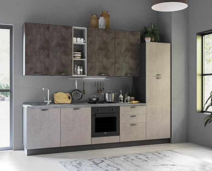 Complete keuken 300 cm Mira Sara rechts 300x60 wit en leisteen cement hoogte 240 cm 2595 euro AR 55 met hoge koelkast links