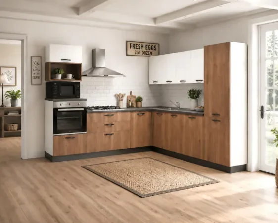 Complete hoekkeuken Mira 257x272 cognac en mat wit 5295 euro AR1627 Complete hoekkeuken inclusief apparatuur Mira 257x272 cognac en mat wit 5295 euro AR1627 complete hoekkeuken
