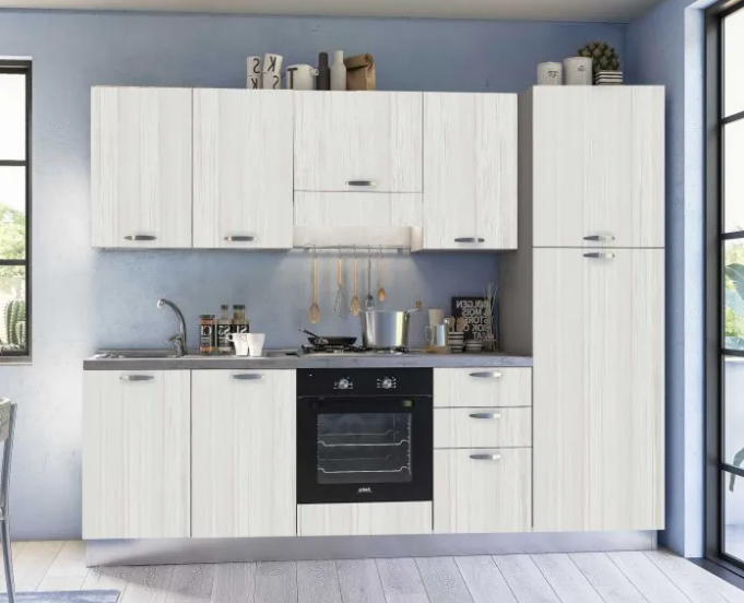 complete keuken 255 cm Mira Tea rechts 255x60 wit eik hoogte 216 cm met koelkast 1895 euro AR 959