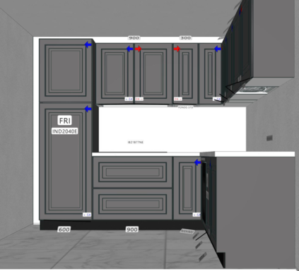 Moderne keukenopstelling met grijze kasten en een witte werkblad.