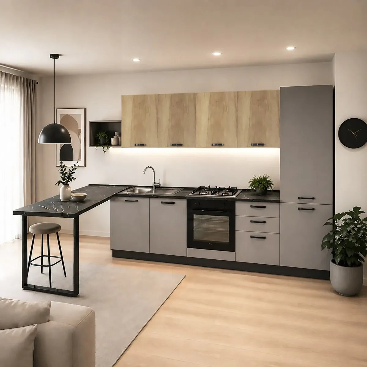 Complete keuken 285 cm Mira 12 285x60 mat taupe en Nebraskka eik hoogte 216 cm 3895 euro MIRA12 compleet met Beko appratuur kookeiland bar