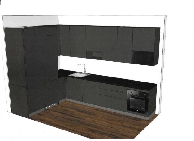 Moderne zwart-witte keuken met boven- en onderkasten en houten vloer.