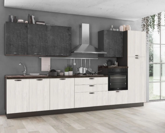 Complete keuken  cm Mira Runen rechts wit eik en leisteen cement hoogte 216 cm  euro Ar 9 met Candy koelkast 224 liter
