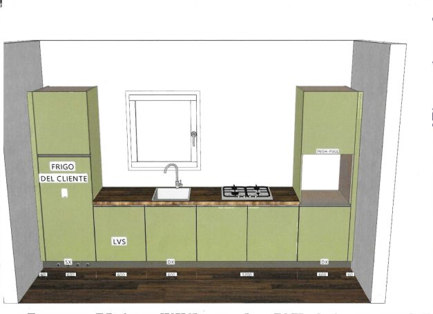Moderne keuken in groene tinten met een houten aanrecht en inbouwapparatuur.