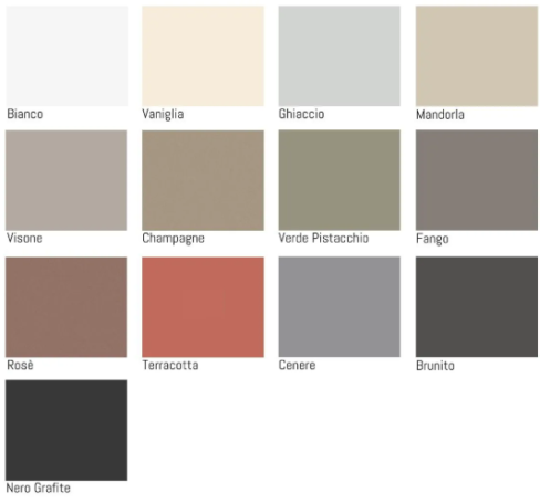cabinet kleuren Kleurenpalet met tinten zoals wit, beige, bruin, grijs en zwart.