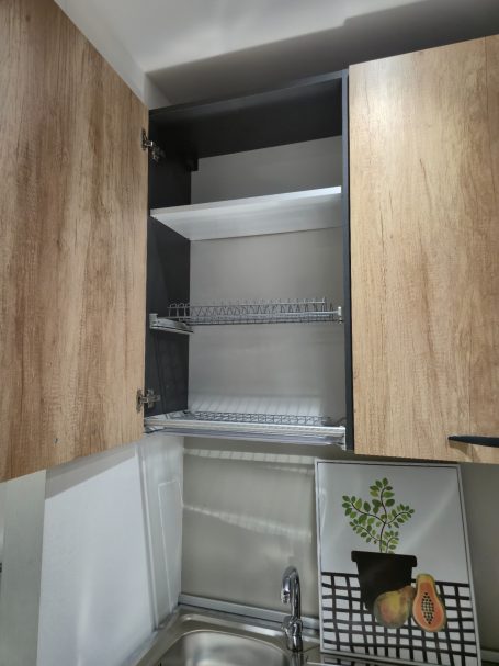 Lege keukenkast met houten deuren en een potplant op het aanrecht eronder.