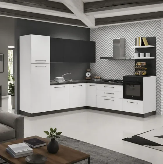 Complete hoekkeuken inclusief apparatuur Ar-Tre Up Design 244x244 wit en beton lava 6295 euro AR2466 vanaf 6000 euro