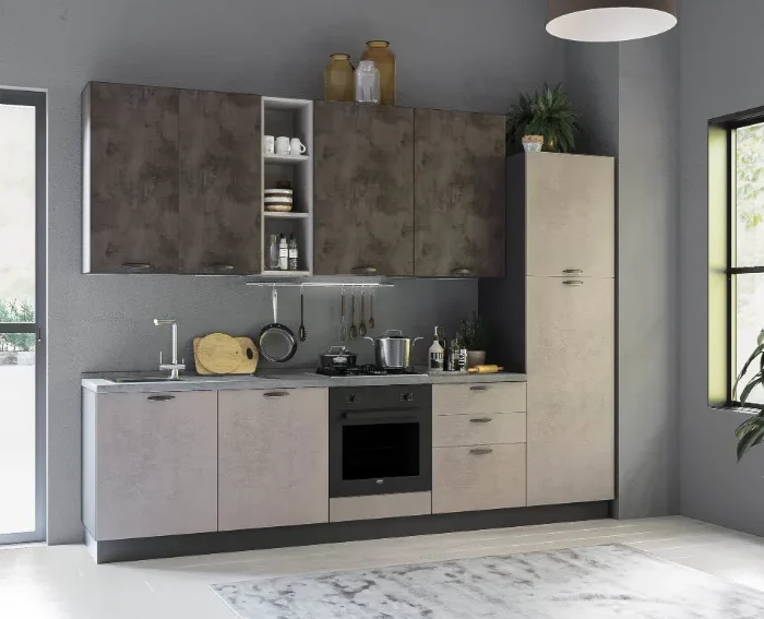 Complete keuken inclusief apparatuur Mira Sara rechts 300x60 wit en leisteen cement 2595 euro AR55 tussen 2000 en 3000 euro