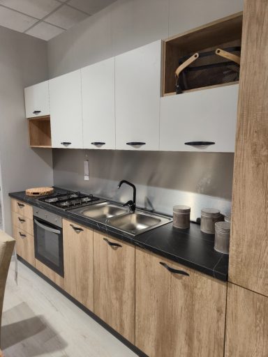 Mira Love 330 cm links keuken werkblad spoelbak gasfornuis mat wit eik hoogte 216 cm AR 14