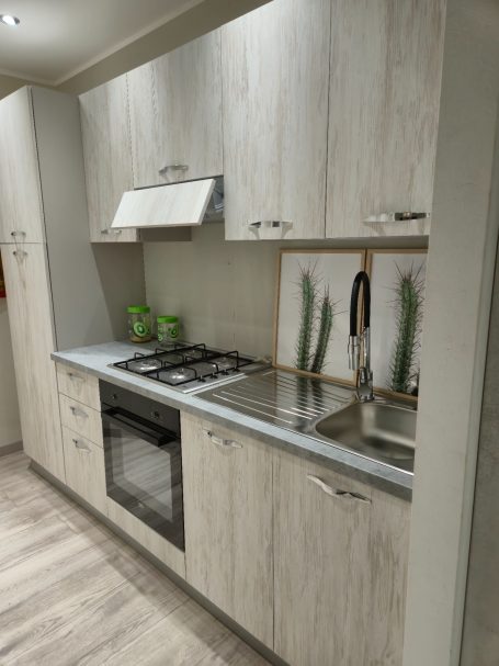 Moderne keuken met houten kasten, gaskookplaat en planten in potten.