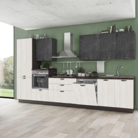 Moderne keuken met groene wanden, lichte kasten en roestvrijstalen apparaten.