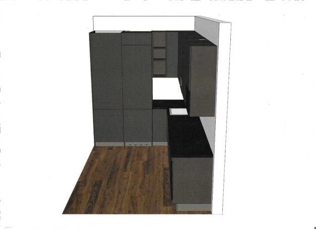 Moderne keuken met zwarte kasten en aanrecht, houten vloer en minimalistisch ontwerp.