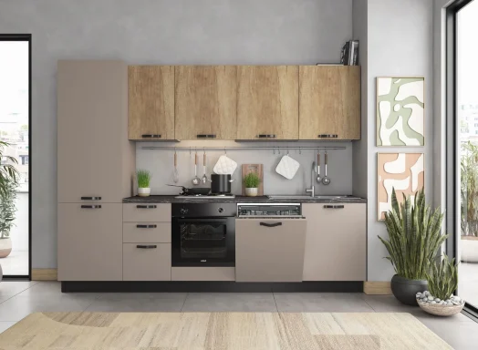 Complete keuken 285 cm Mira Erika links 285x60 mat taupe en Nebraska eik hoogte 216 3495 euro AR 33 compleet met Beko apparatuur