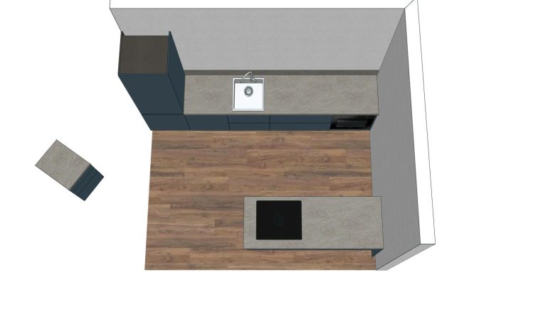 Moderne keukenindeling met aanrecht, kookplaat en houten vloer.