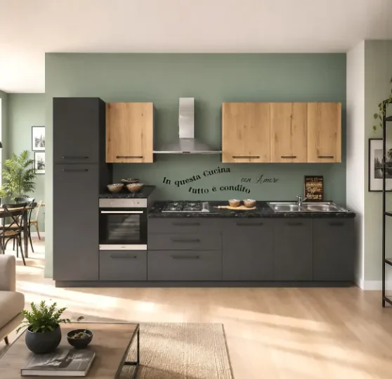 Complete keuken inclusief apparatuur Ar-Tre Sky 360x60 carbon en oud eik 4995 euro AR497 tussen 4000 en 5000 euro