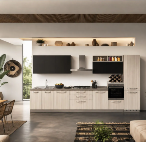 Tijdloze elegantie met Italiaans design Moderne keuken met lichte kasten, zwarte bovenkasten en open planken, sfeervol ingericht.