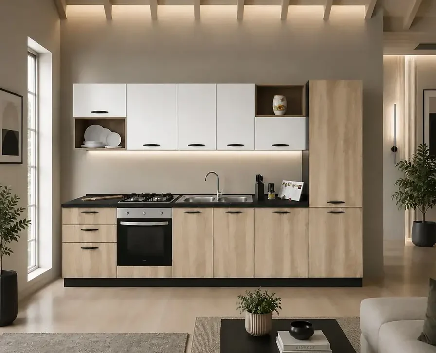 Complete keuken Mira Love rechts 330x60 mat wit en Nebraska eik 3495 euro AR13 Complete keuken Mira Love rechts 330x60 mat wit en Nebraska eik 3495 euro AR13 Complete keuken 330 cm inclusief apparatuur