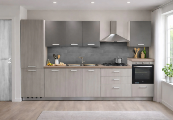 Complete keuken Ar-Tre Idea links 360x60 grijze iep en grafiet hoogte 216 cm 3995 euro AR 4591 met Beko apparaten 4 branders