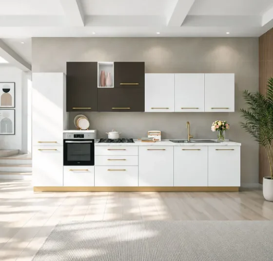 Complete keuken inclusief apparatuur Ar-Tre Up Design 390x60 cm wit eik en brons 6795 euro AR4252 vanaf 6000 euro