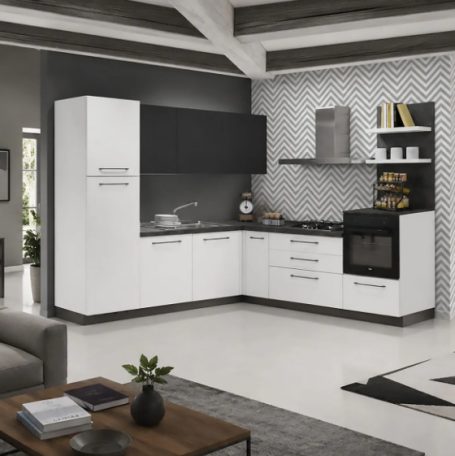 Strakke eenvoud, maximaal wooncomfort Moderne keuken met zwarte en witte kasten, gasfornuis en open planken.