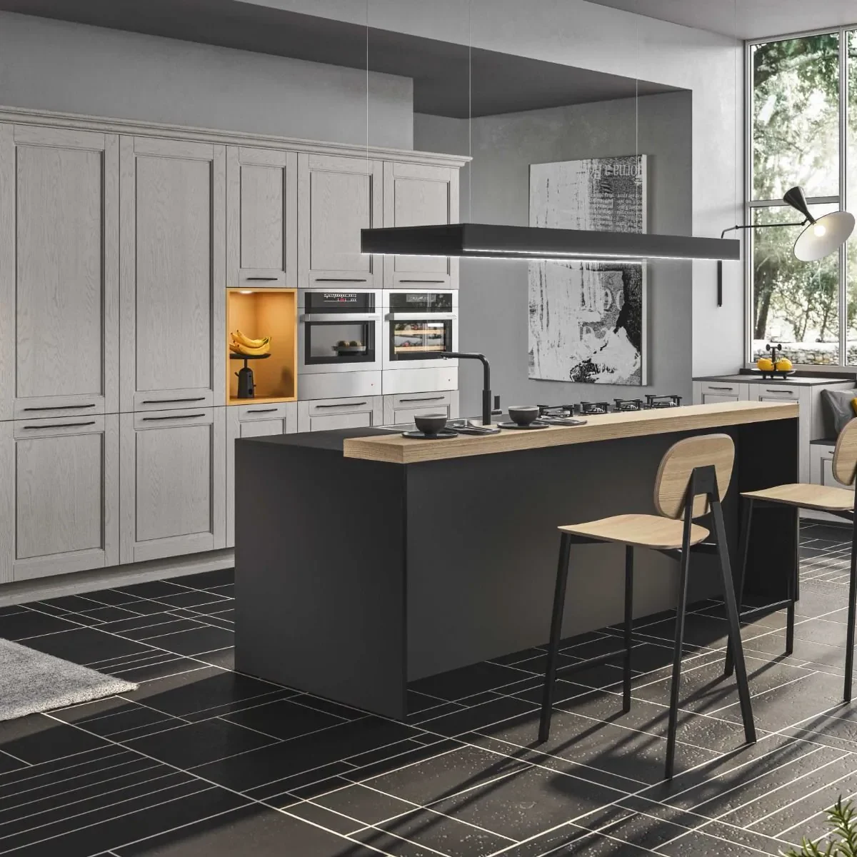 Moderne Italiaanse keukens met kookeiland Ar-Tre luxe wit klassiek met houten werkblad en barkrukken showroom Mijn Droomkeuken