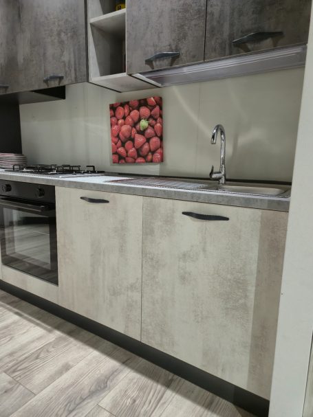 Moderne keuken met grijze kasten en een strakke spoelbak, met een afbeelding van aardbeien.