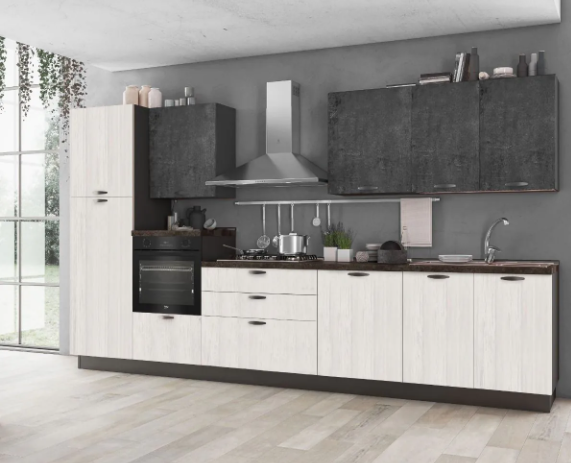 Mira Runen links 360x60 wit eik leisteen AR 7 2695 euro hoogte 216 cm Complete keuken 360 cm Mira Runen links wit eik en leisteen cement hoogte 216 cm euro Ar 7 met Candy koelkast 224 liter